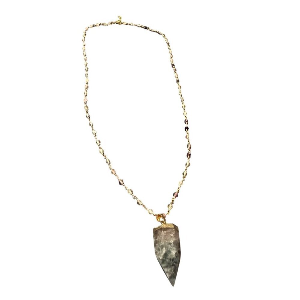 Handmade Crystal Point Pendant Necklace With Multicolor Beaded Chain & Gold - Picture 2 of 10